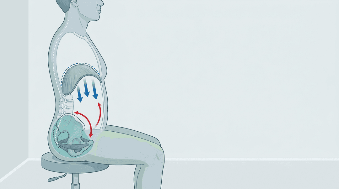 Illustrazione editoriale: disfunzione evacuatoria con dissinegia pavimento pelvico-diaframma e compenso lombo-pelvico