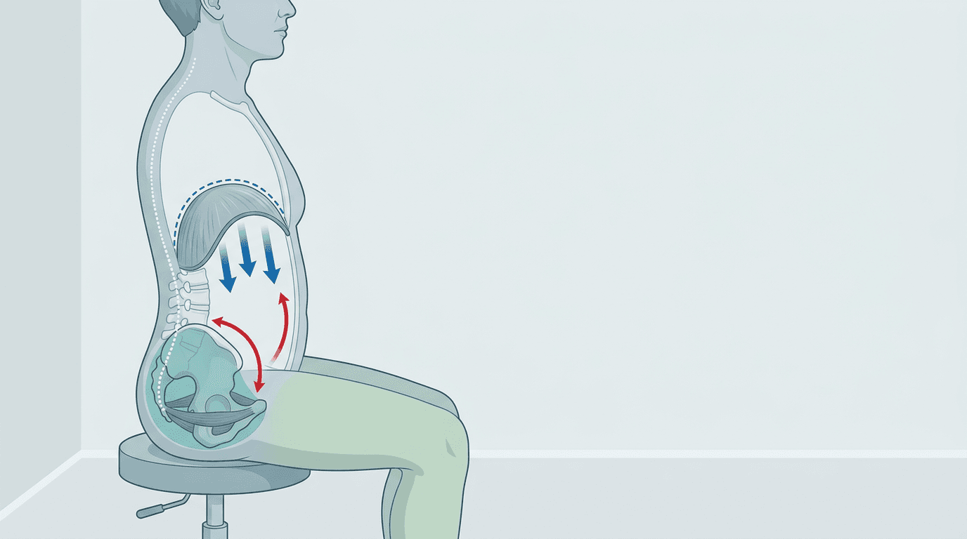 Illustrazione editoriale: disfunzione evacuatoria con dissinegia pavimento pelvico-diaframma e compenso lombo-pelvico