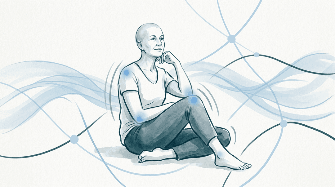Illustrazione editoriale: supporto osteopatico in fase di sopravvivenza oncologica con astenia, artralgie iatrogene e ridotta tolleranza al carico