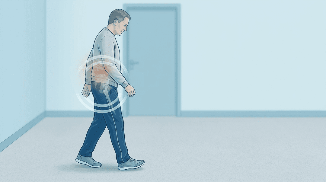 Illustrazione editoriale: fase tardiva post-protesi d'anca destra con kinesifobia, passo asimmetrico e rigidità lombo-pelvica