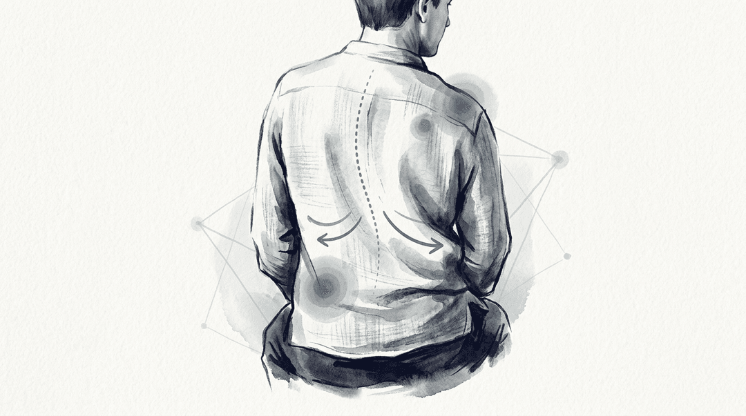 Illustrazione editoriale: scoliosi idiopatica dell'adulto con dorsalgia cronica, ridotta espansione toracica e coordinamento interdisciplinare