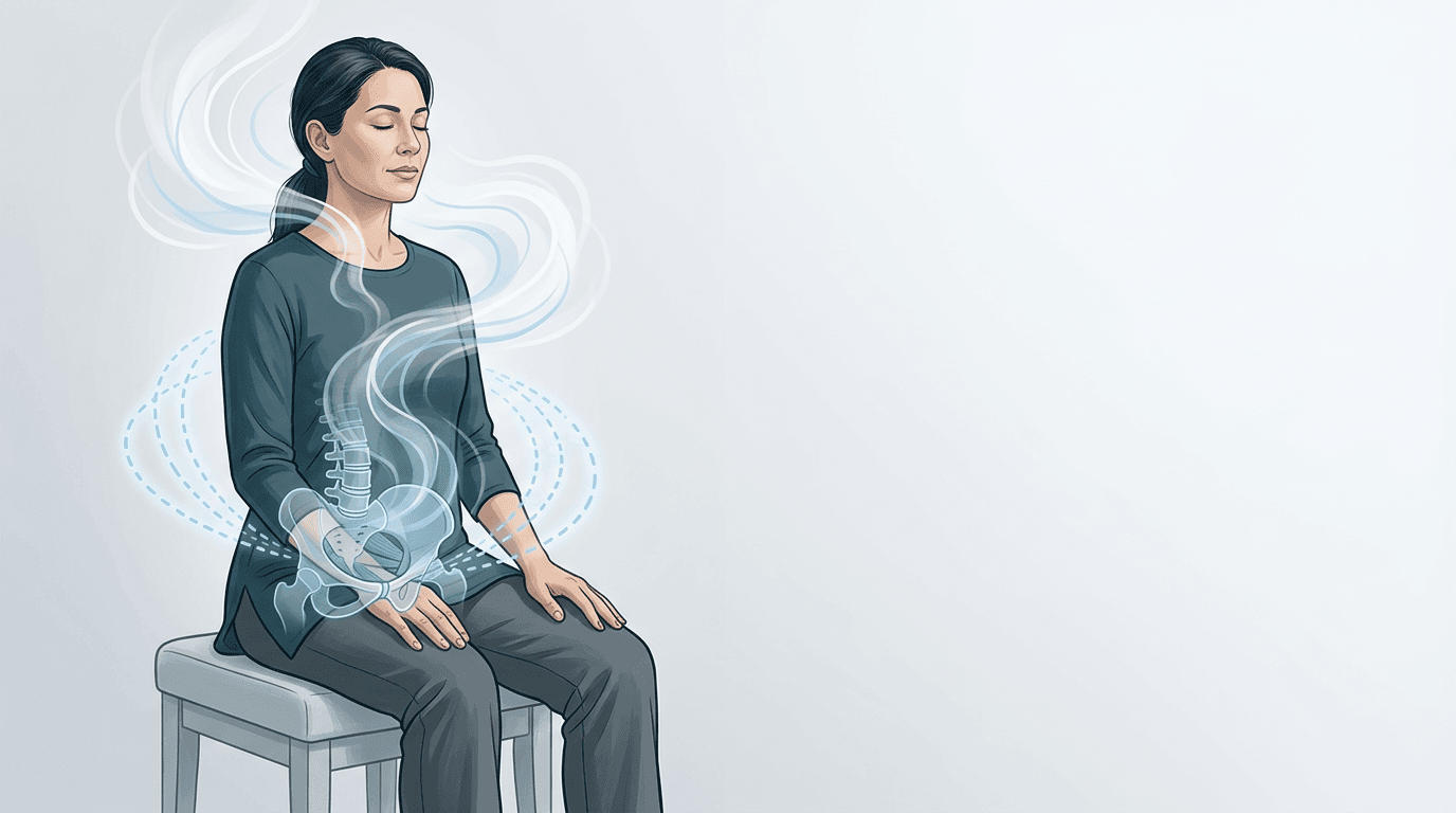Illustrazione editoriale: dolore pelvico cronico non ginecologico con pavimento pelvico, lombalgia e componente psicosomatica