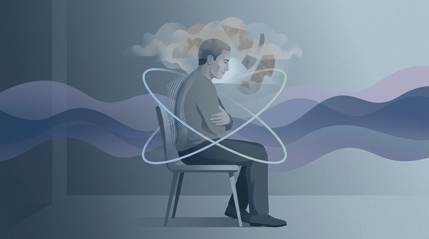 Illustrazione editoriale: dolore muscolo-scheletrico post-trauma psicofisico con pattern di protezione cronico e disregolazione autonomica