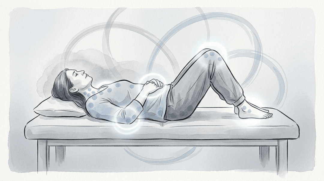 Illustrazione editoriale: fibromialgia con dolore diffuso, affaticamento cronico, punti tender multipli e approccio osteopatico in coordinamento multidisciplinare