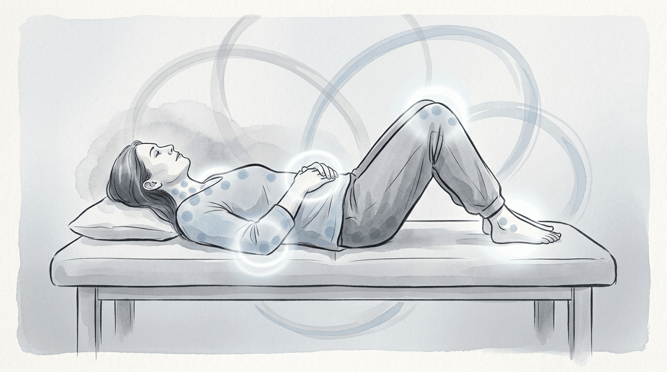 Illustrazione editoriale: fibromialgia con dolore diffuso, affaticamento cronico, punti tender multipli e approccio osteopatico in coordinamento multidisciplinare