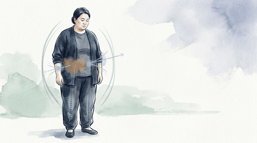 Illustrazione editoriale: obesità severa con decondizionamento globale, lombalgia meccanica, gonalgia bilaterale e adattamento dell'approccio osteopatico