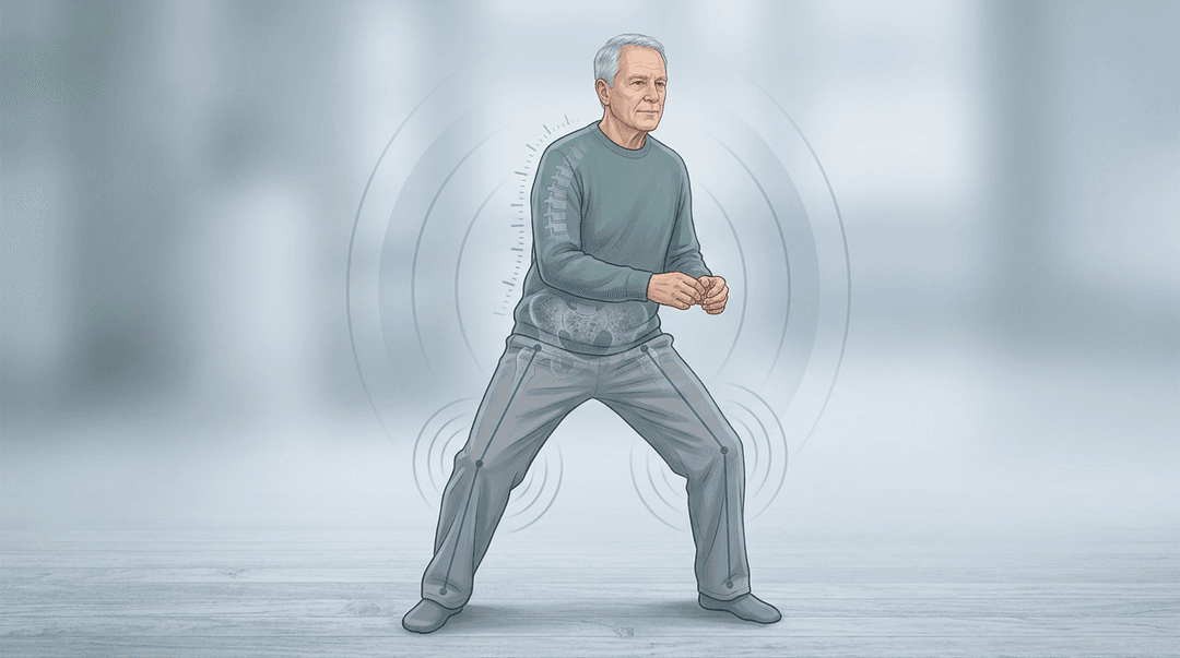 Illustrazione editoriale: instabilità dell'anziano attivo con paura di cadere, osteoporosi e rigidità multi-segmentaria