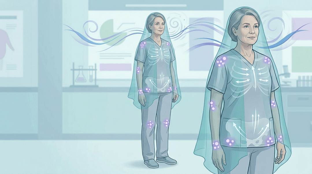 Illustrazione editoriale: menopausa con artralgie diffuse, disturbi del sonno e rigidità toraco-pelvica