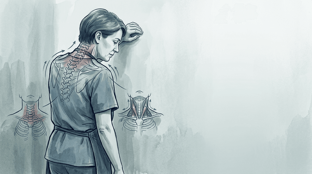 Illustrazione editoriale: sovraccarico da caregiving con cervicalgia cronica, dorsalgia e pattern respiratorio disfunzionale