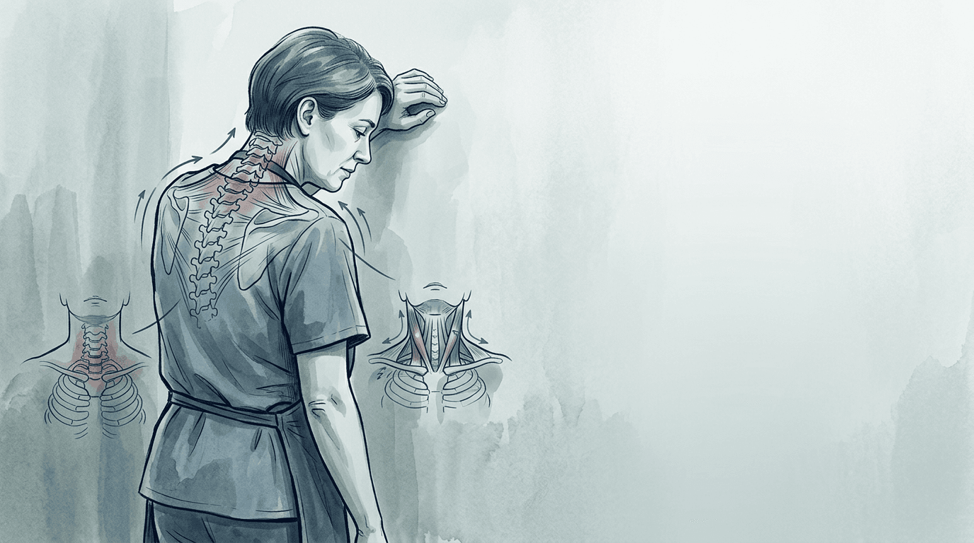 Illustrazione editoriale: sovraccarico da caregiving con cervicalgia cronica, dorsalgia e pattern respiratorio disfunzionale