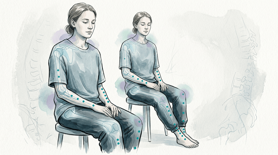 Illustrazione editoriale: ipermobilità generalizzata sintomatica con instabilità articolare, propriocezione ridotta e dolore multi-sito