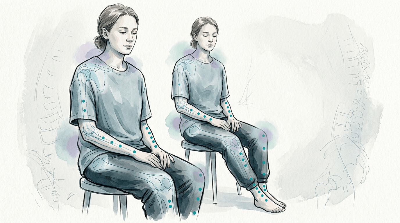 Illustrazione editoriale: ipermobilità generalizzata sintomatica con instabilità articolare, propriocezione ridotta e dolore multi-sito