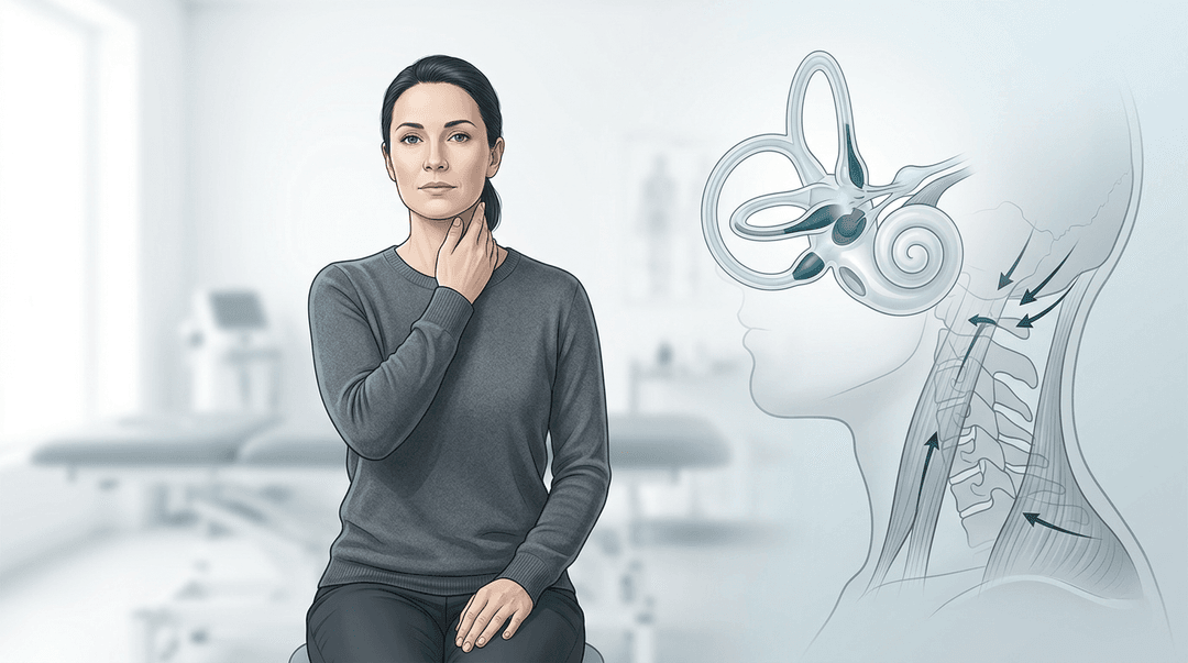 Illustrazione editoriale: fase intercritica, focus su apparato vestibolare dell'orecchio interno e carico cranio-cervicale (supporto somatico, non sostitutivo dell'ORL)