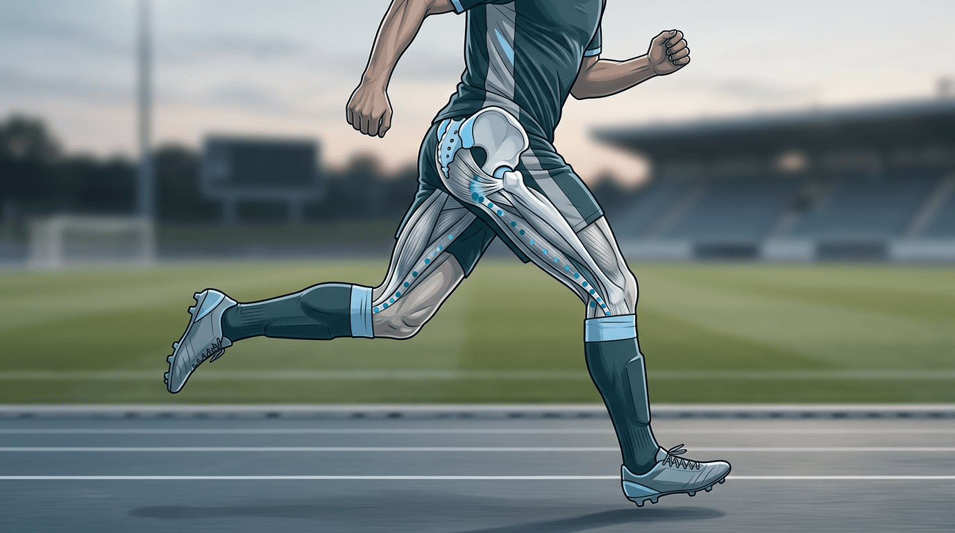 Illustrazione editoriale: lesione degli ischiocrurali nel calciatore con disfunzione sacroiliaca