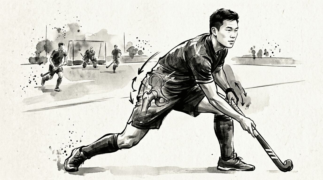 Illustrazione editoriale: dolore all'anca nel giocatore di hockey su prato e restrizione lombopelvica