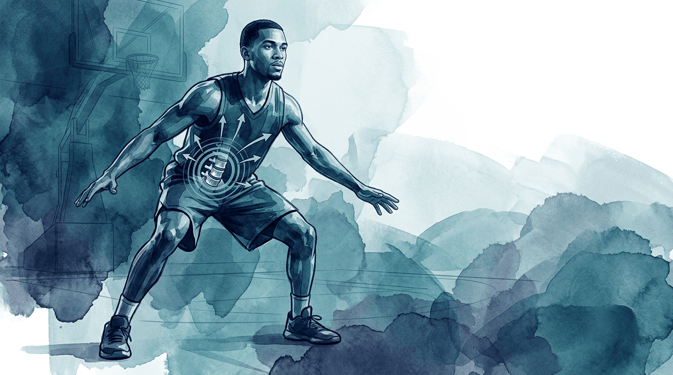 Illustrazione editoriale: disfunzioni lombari nel giocatore di basket e controllo motorio del tronco