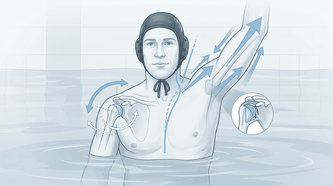 Illustrazione editoriale: recupero nel pallanuoto e spalla in ambiente acquatico
