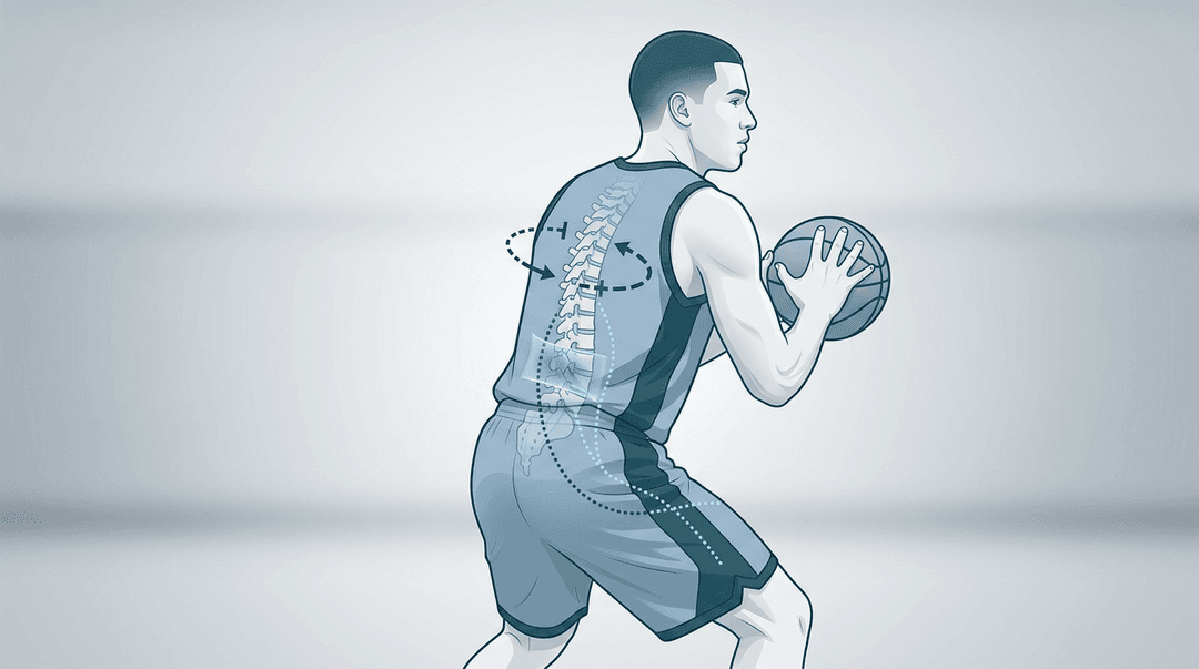 Illustrazione editoriale: dolore lombare nel cestista con disfunzione lombosacrale e deficit di mobilità toracica