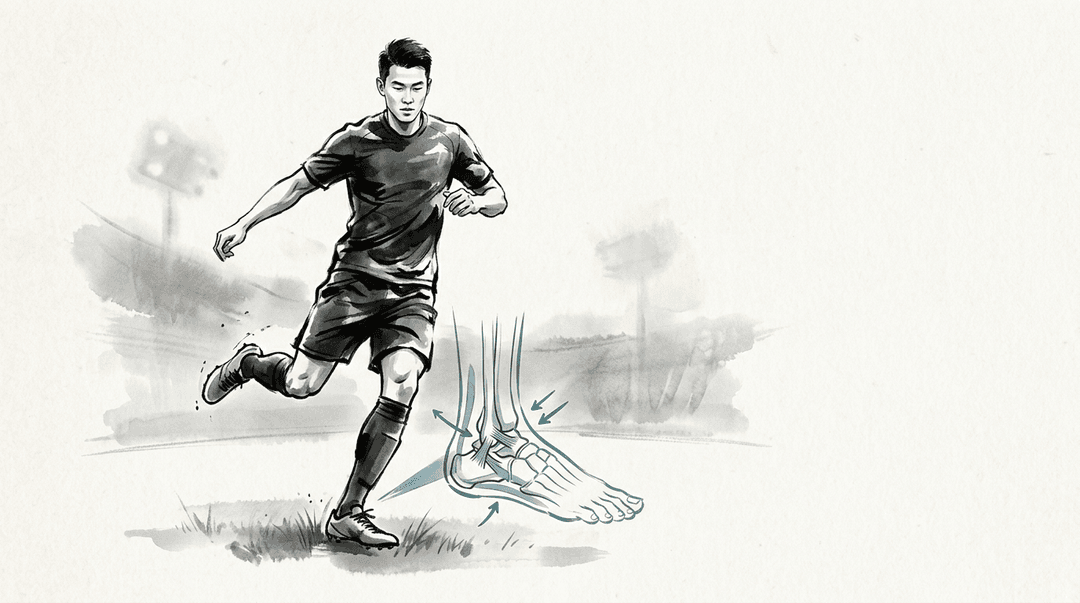 Illustrazione editoriale: instabilità funzionale di caviglia nel calciatore e fibula prossimale