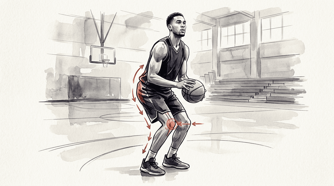 Illustrazione editoriale: tendinopatia rotulea nel giocatore di basket e rachide lombare basso