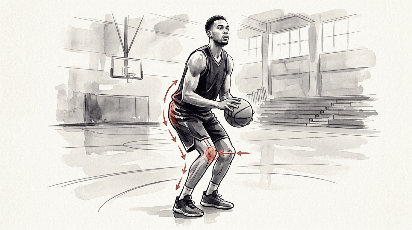 Illustrazione editoriale: tendinopatia rotulea nel giocatore di basket e rachide lombare basso