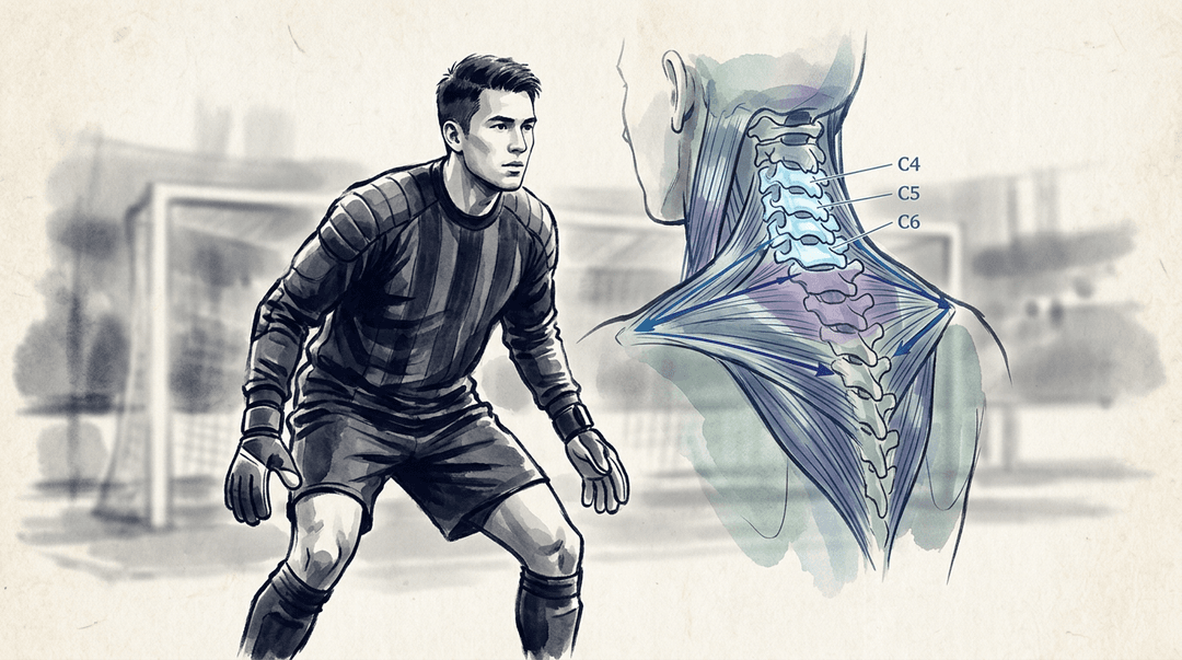 Illustrazione editoriale: dolore cervicale nel portiere di calcio e cerniera cervicotoracica