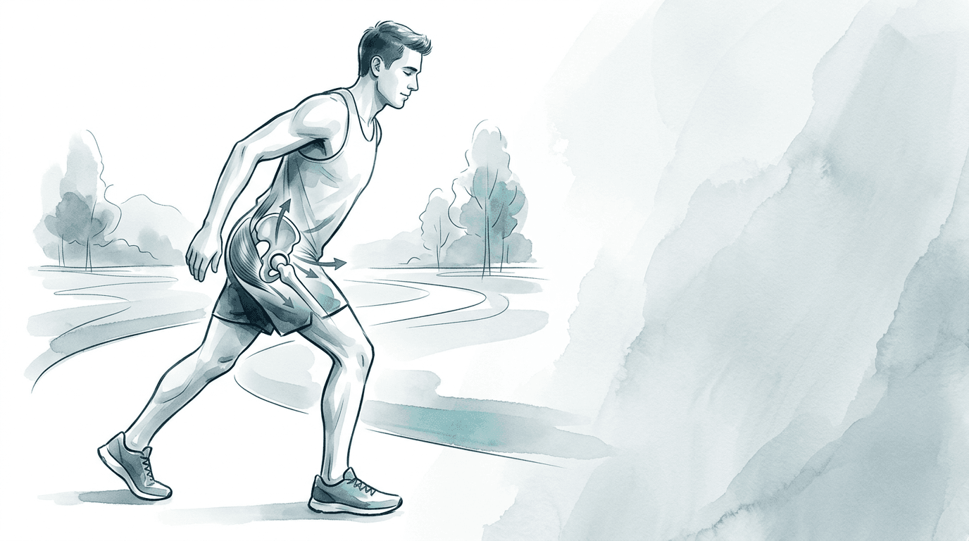 Illustrazione editoriale: dolore all'anca nel maratoneta e catena lombo-pelvica