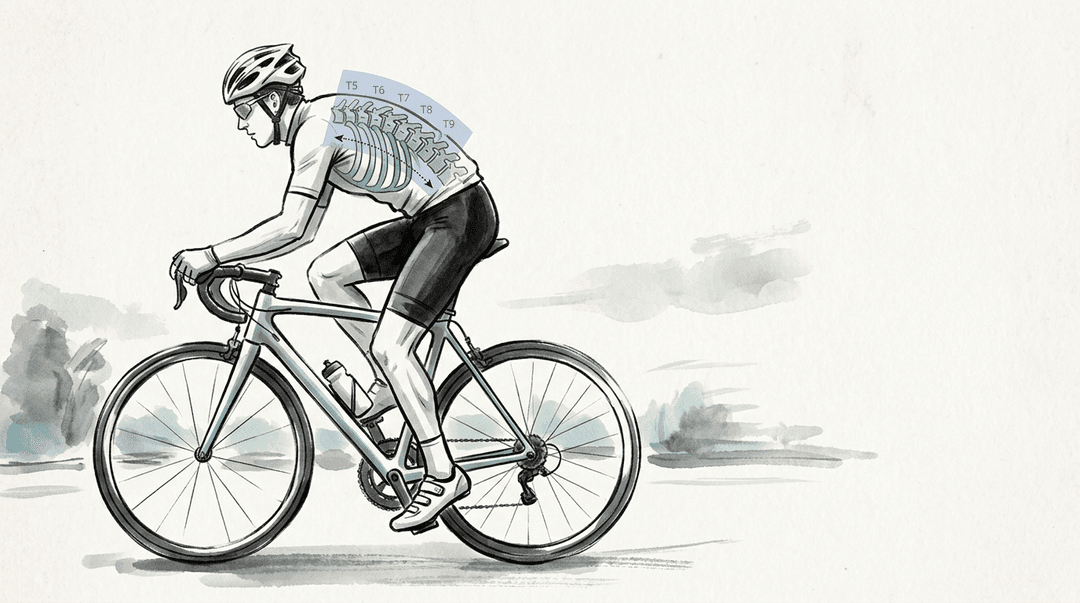 Illustrazione editoriale: disfunzioni toraciche nel ciclista e tratto medio-dorsale