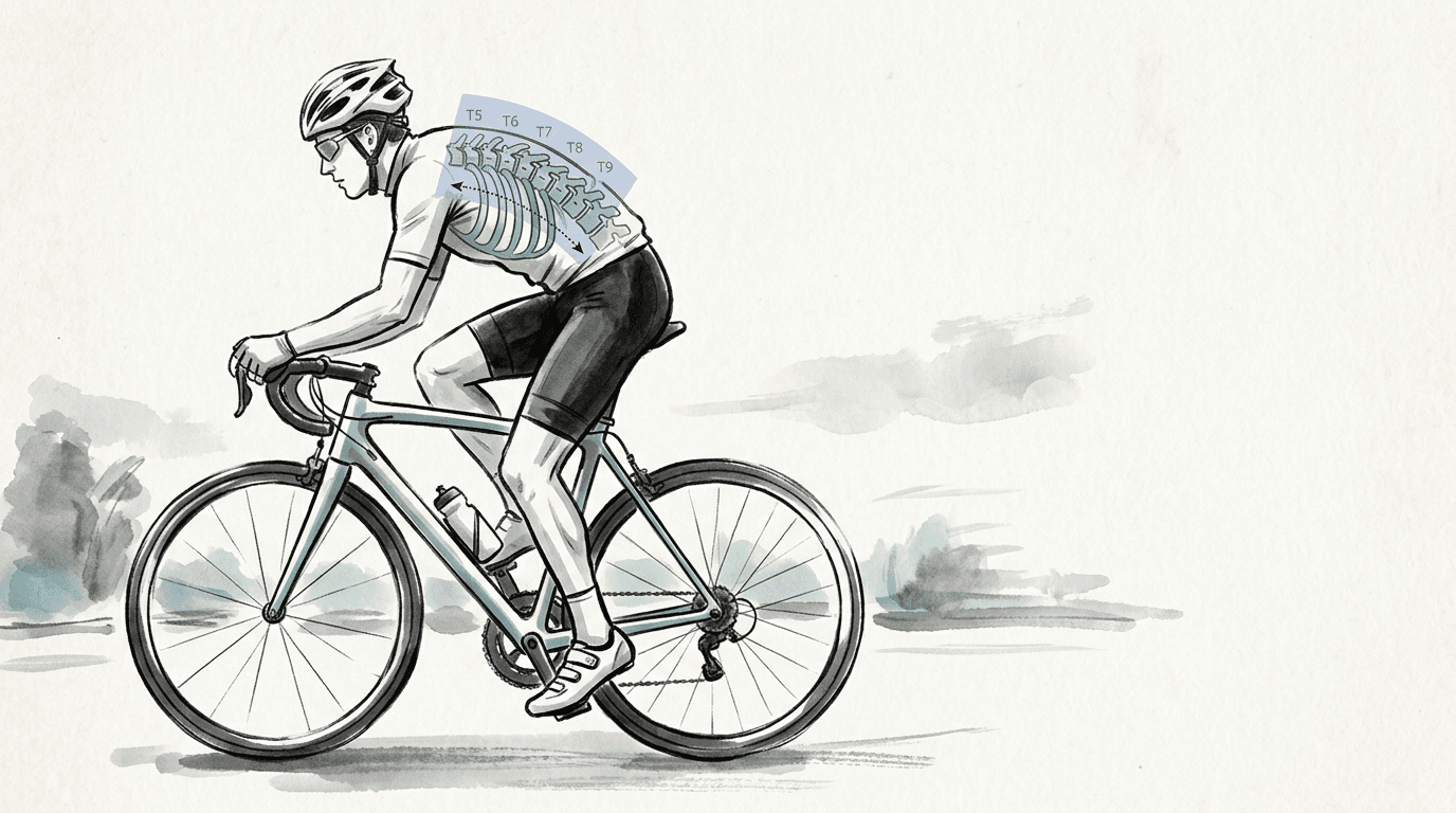Illustrazione editoriale: disfunzioni toraciche nel ciclista e tratto medio-dorsale