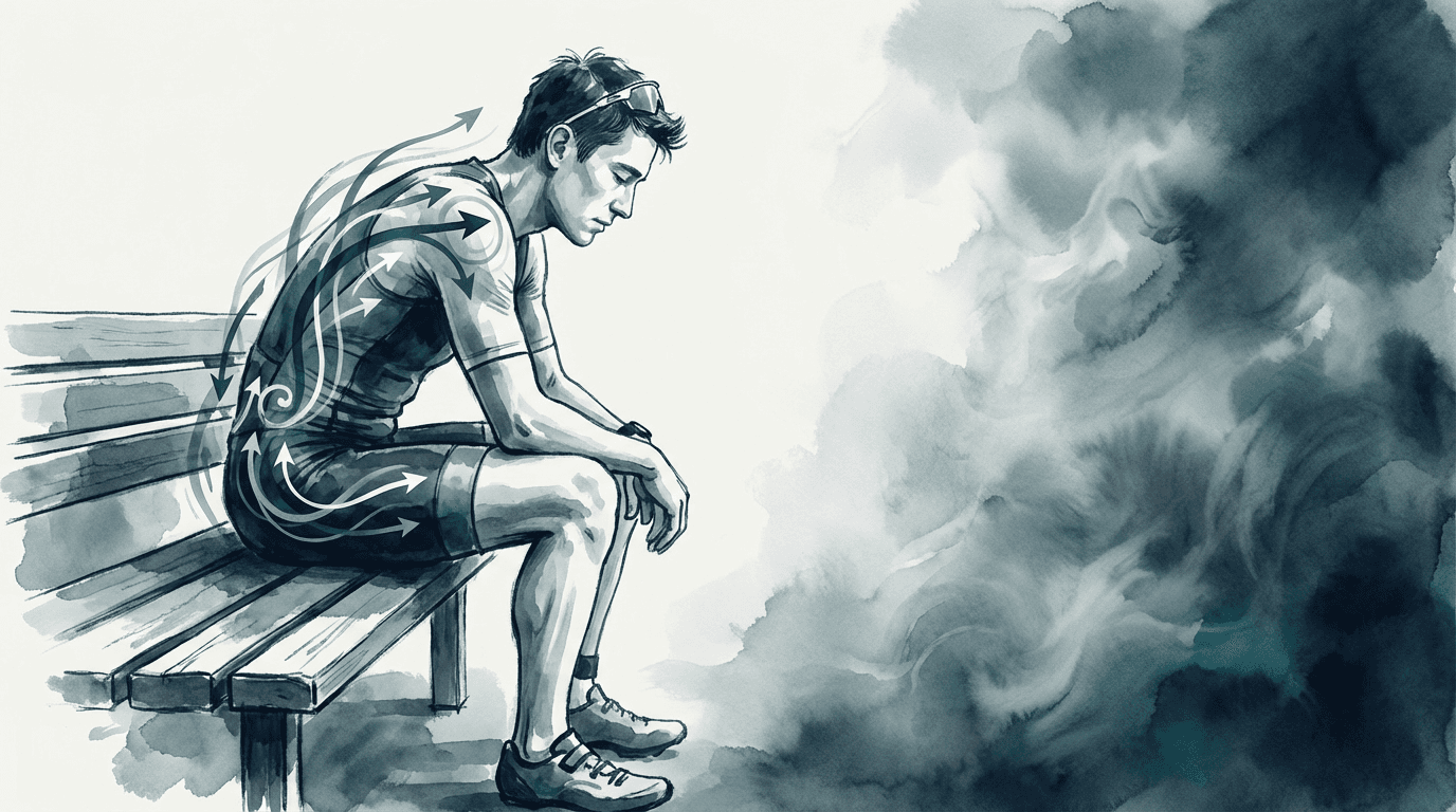 Illustrazione editoriale: dolore cronico nel triatleta e pattern di sovraccarico multisistemico