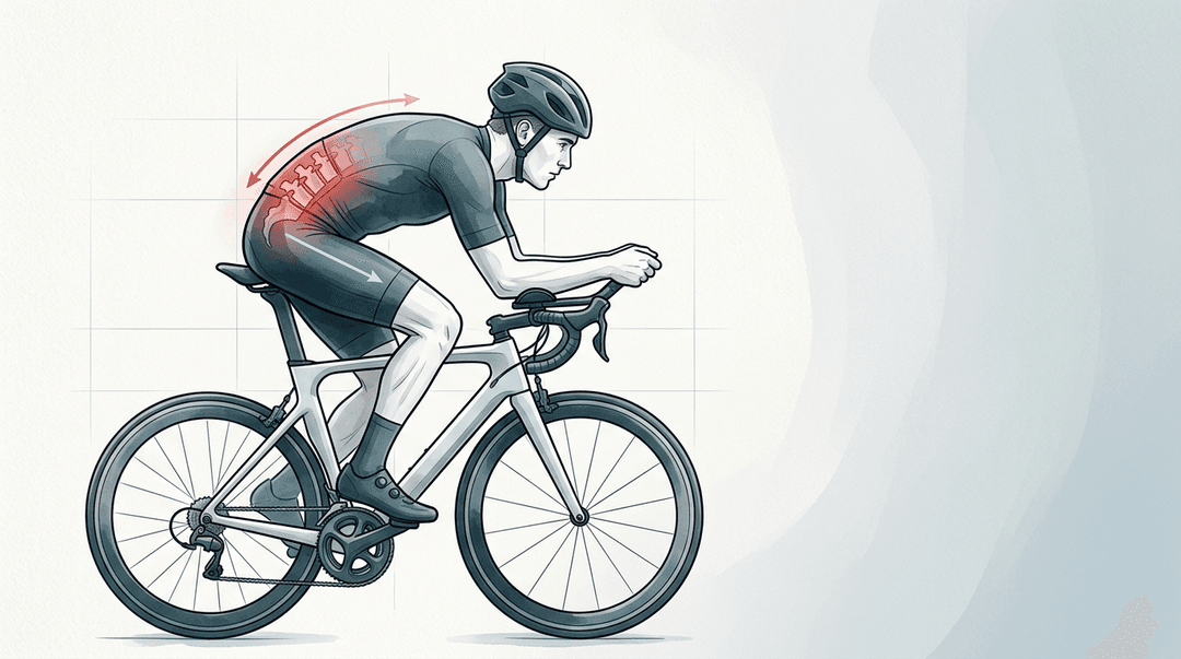 Illustrazione editoriale: lombalgia nel ciclista su lunga distanza e carico rachideo in sella