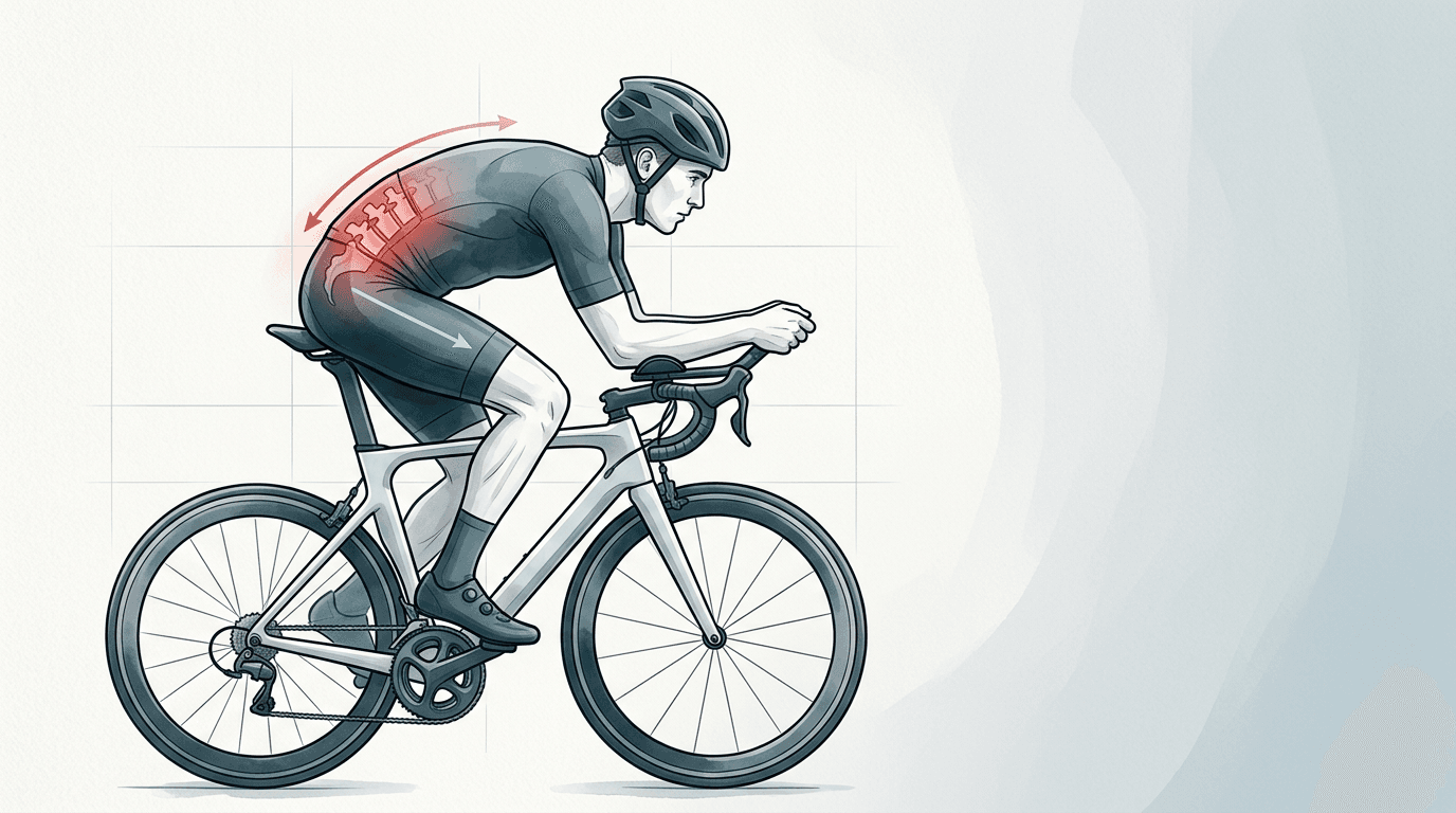 Illustrazione editoriale: lombalgia nel ciclista su lunga distanza e carico rachideo in sella