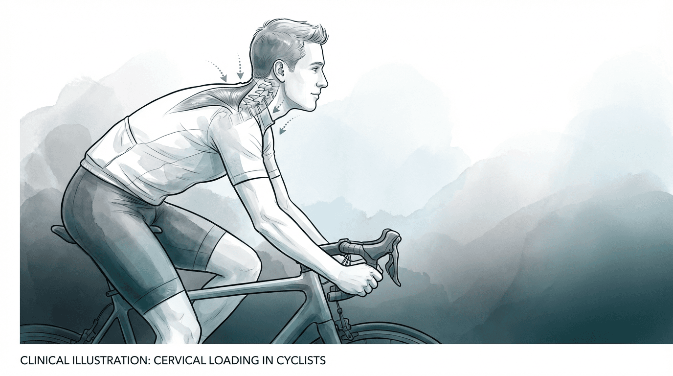Illustrazione editoriale: dolore cervicale nel ciclista e postura in estensione