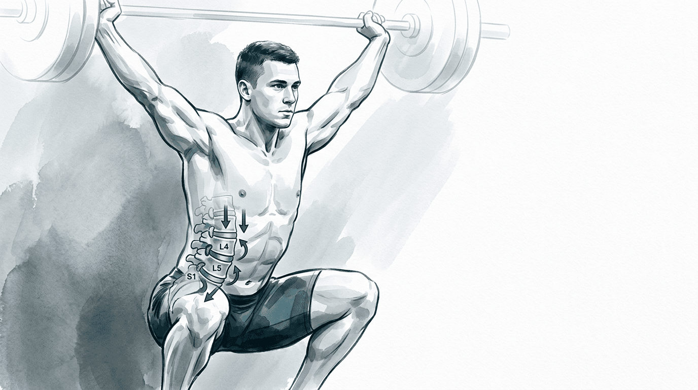 Illustrazione editoriale: lombalgia nel sollevatore di pesi e carico assiale