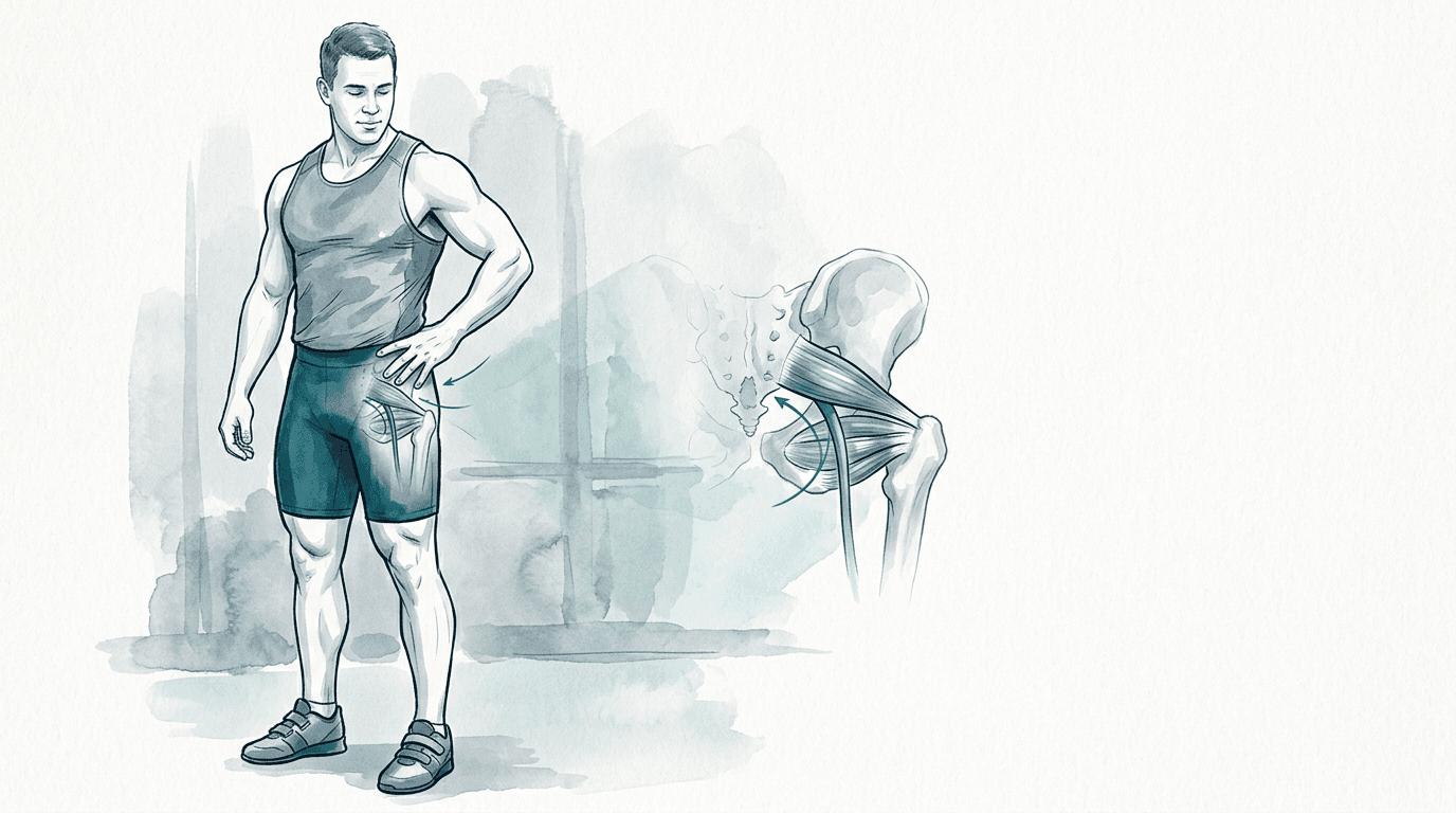 Illustrazione editoriale: sindrome del piriforme nel sollevatore di pesi e complesso dell'anca