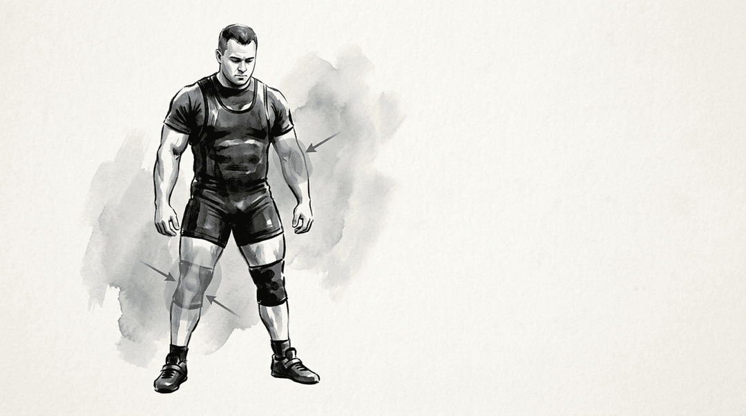 Illustrazione editoriale: tendinopatie nel powerlifting e zone di inserzione