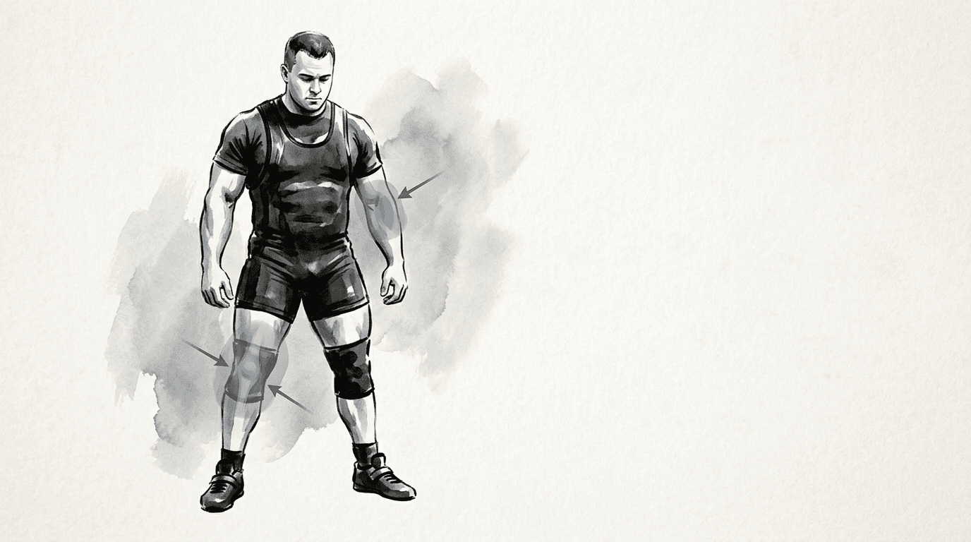 Illustrazione editoriale: tendinopatie nel powerlifting e zone di inserzione