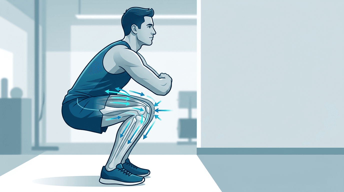 Illustrazione editoriale: dolore al ginocchio nello squat e meccanica femoro-rotulea
