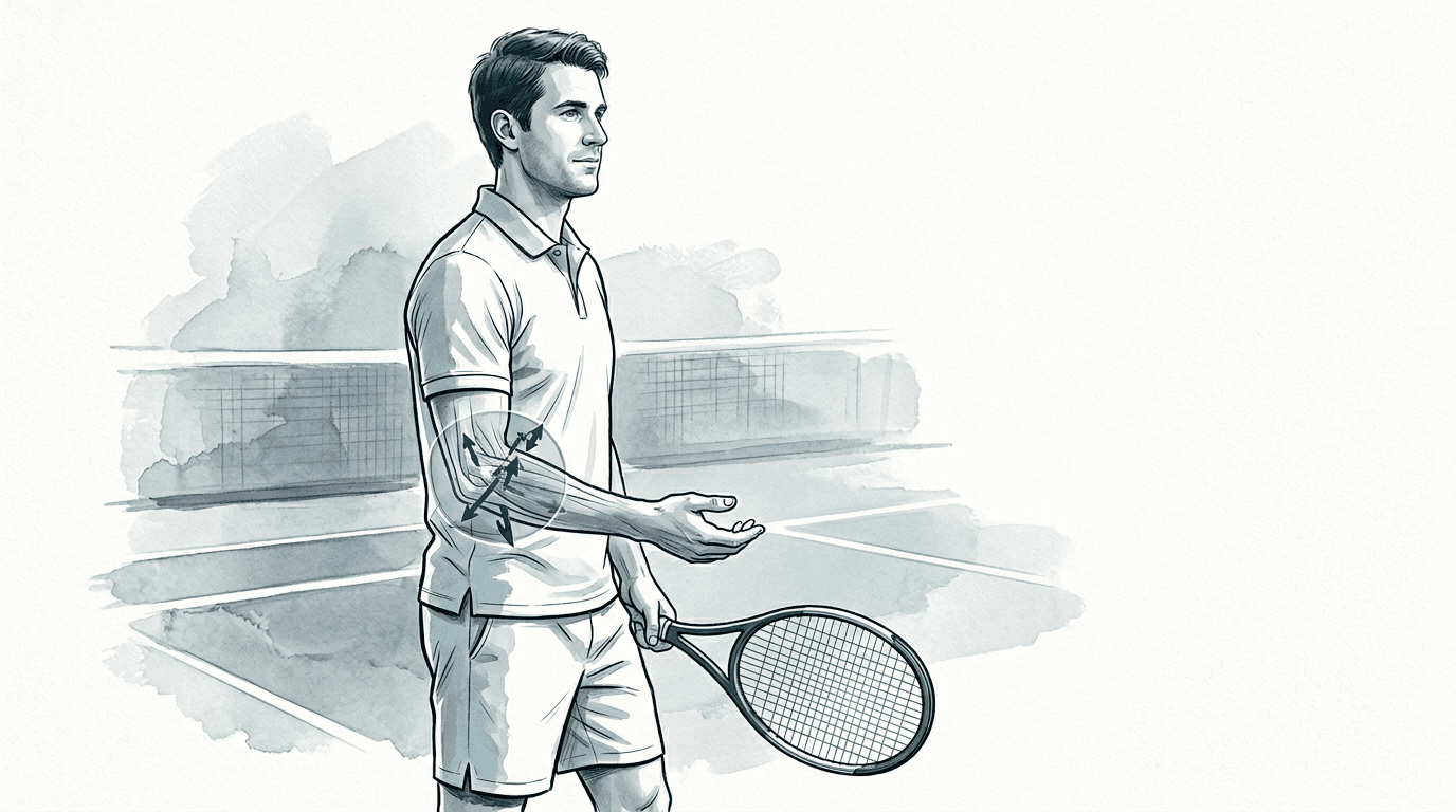 Illustrazione editoriale: epicondilalgia laterale nel tennista, testa radiale e tratto cervicotoracico