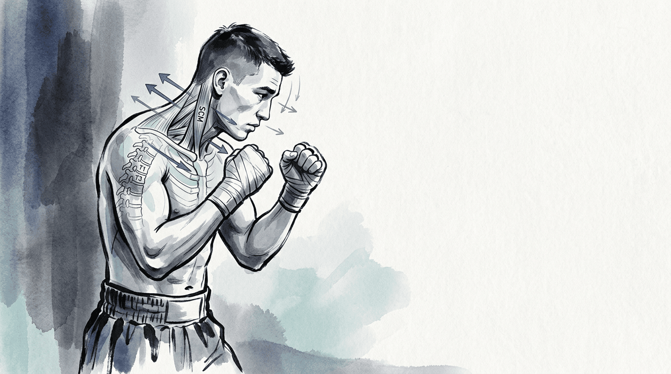 Illustrazione editoriale: cervicotoracalgia nel pugile, tratto T1-T3 e catena anteriore