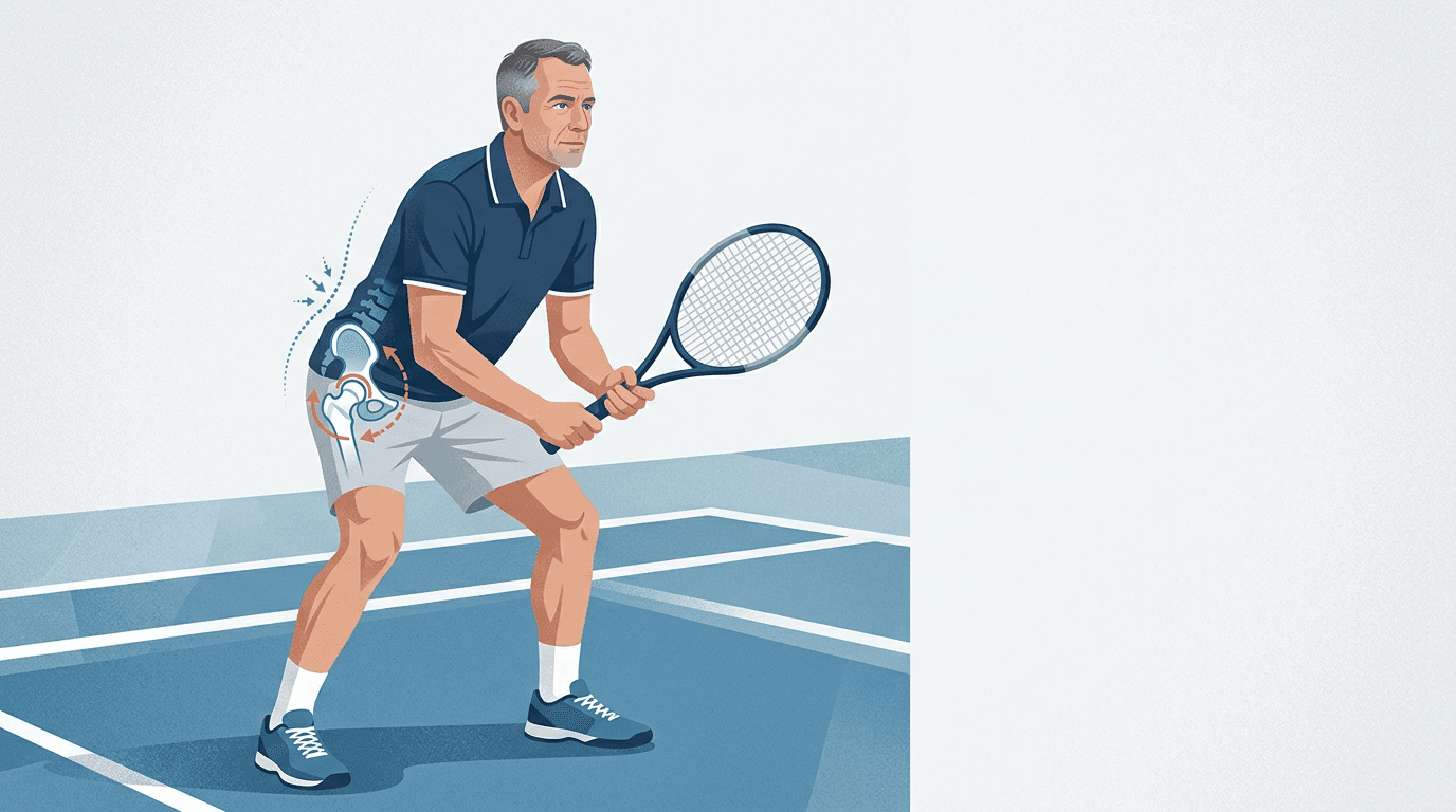 Illustrazione editoriale: coxalgia nel tennista master, anca e deficit di rotazione interna