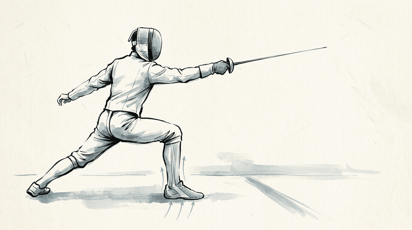 Illustrazione editoriale: fascite plantare nello schermidore e catena podalica ascendente