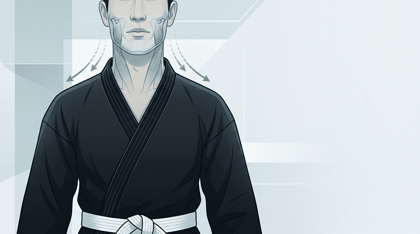 Illustrazione editoriale: disturbo temporo-mandibolare nel karateka e compenso cervicale