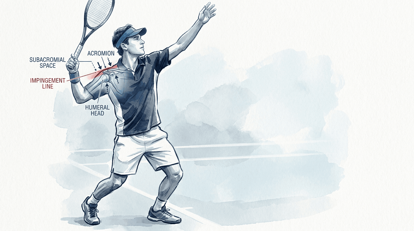 Illustrazione editoriale: conflitto subacromiale nel tennista agonista e cingolo scapolare
