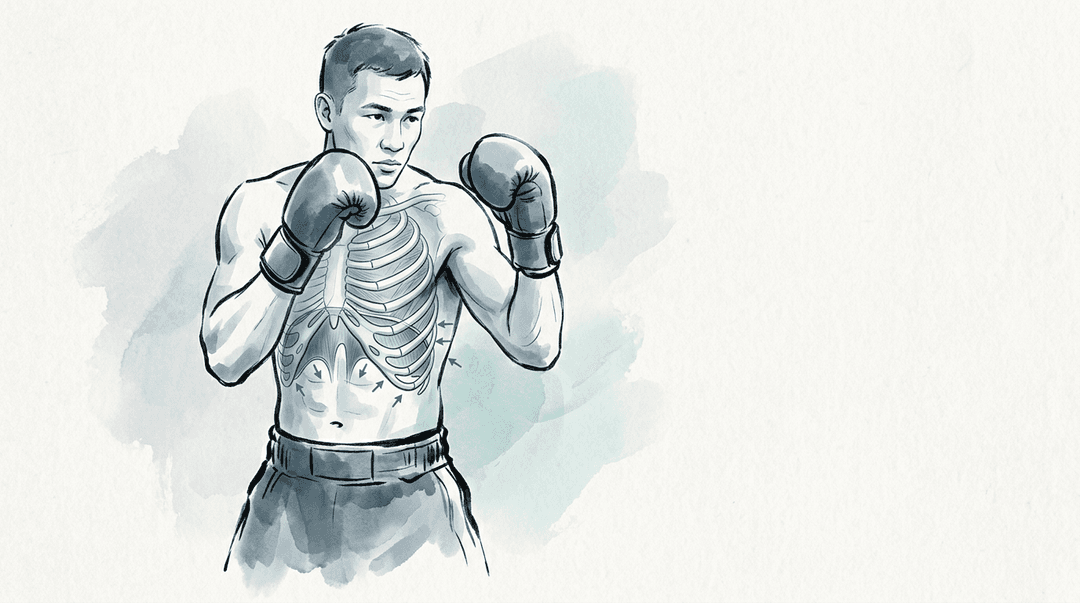 Illustrazione editoriale: disfunzione costale post-traumatica nel pugile e meccanica diaframmatica
