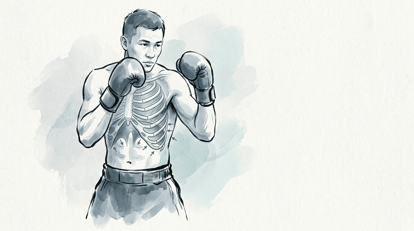 Illustrazione editoriale: disfunzione costale post-traumatica nel pugile e meccanica diaframmatica