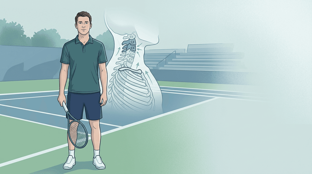 Illustrazione editoriale: cervicalgia nel tennista, segmento C2-C3 e prima costa elevata