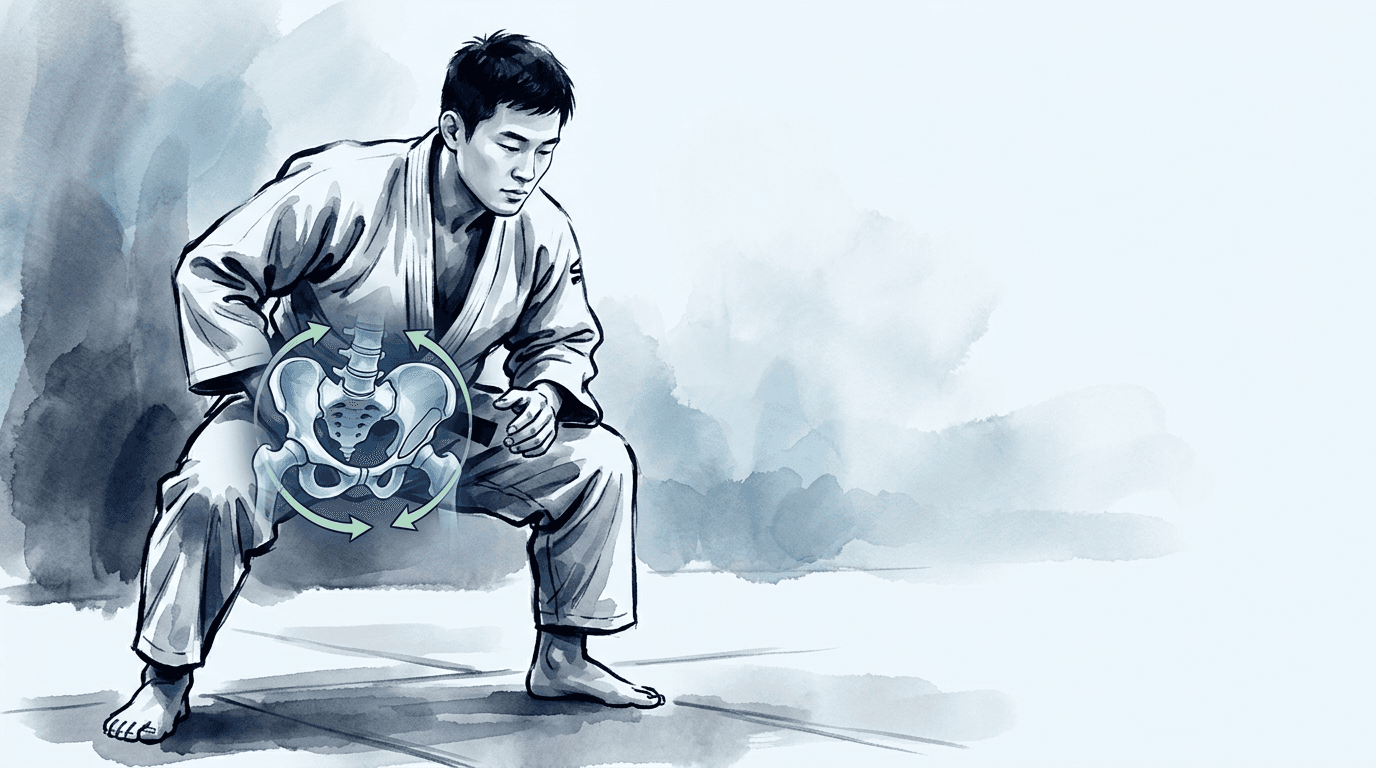 Illustrazione editoriale: sovraccarico sacroiliaco nel judoka e torsione da proiezioni