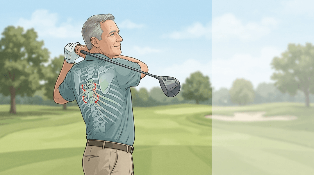 Illustrazione editoriale: dorsalgia nel golfista senior, tratto T5-T7 e rigidità toracica