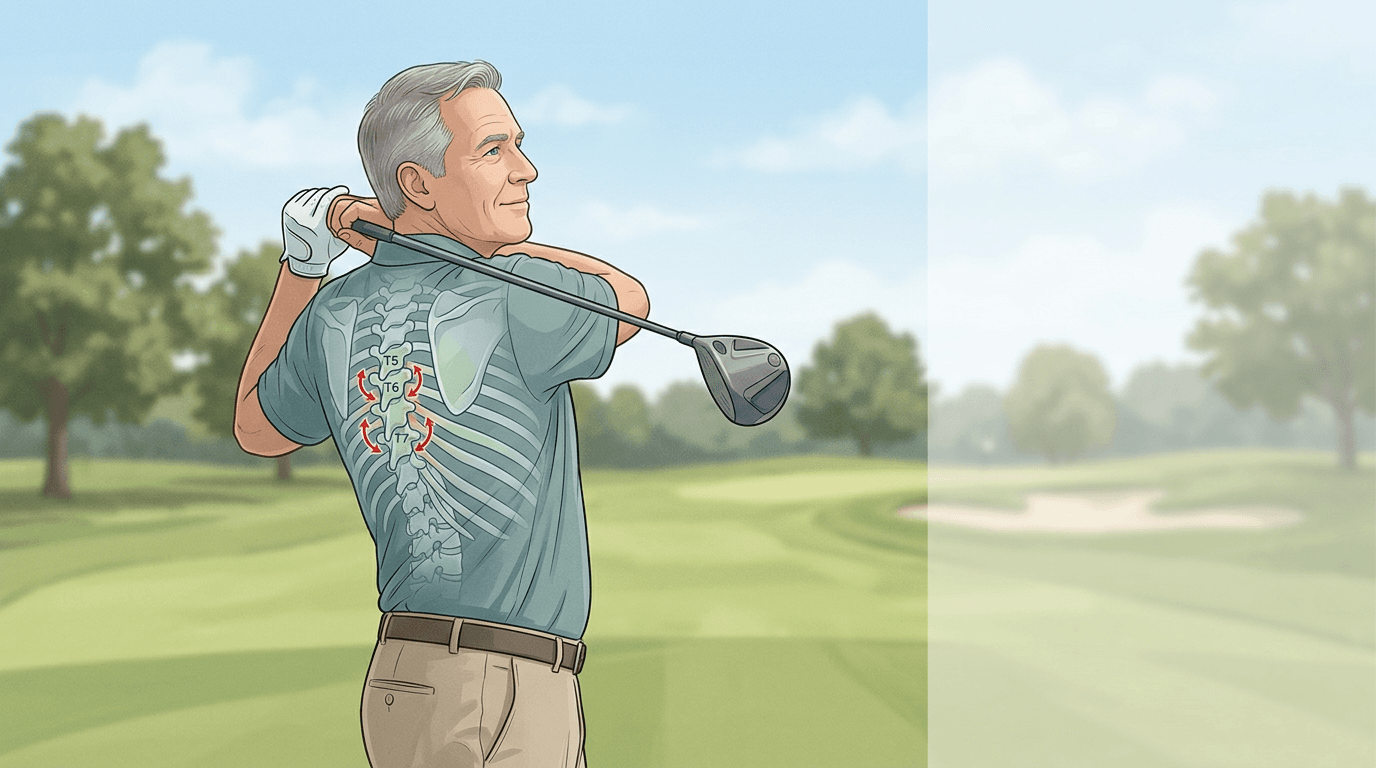 Illustrazione editoriale: dorsalgia nel golfista senior, tratto T5-T7 e rigidità toracica